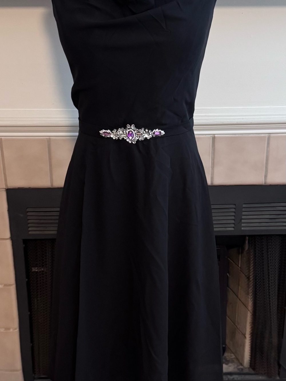 JJ House Midi Black Cocktail Dress with “Crystal” Waistband Accents